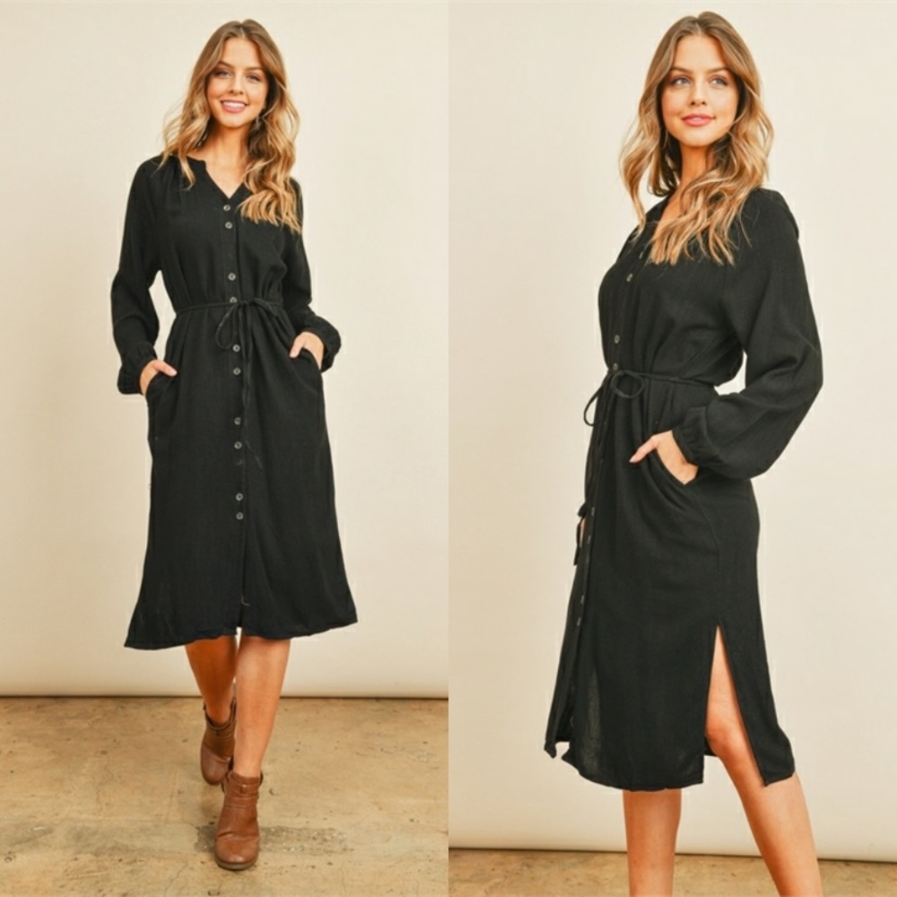 NWT Casual Black Button-Up Long Sleeve Bohemian Dress